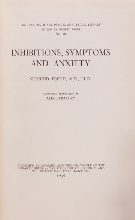 Inhibitions, Symptoms and Anxiety. Authorized translation by Alix Strachey