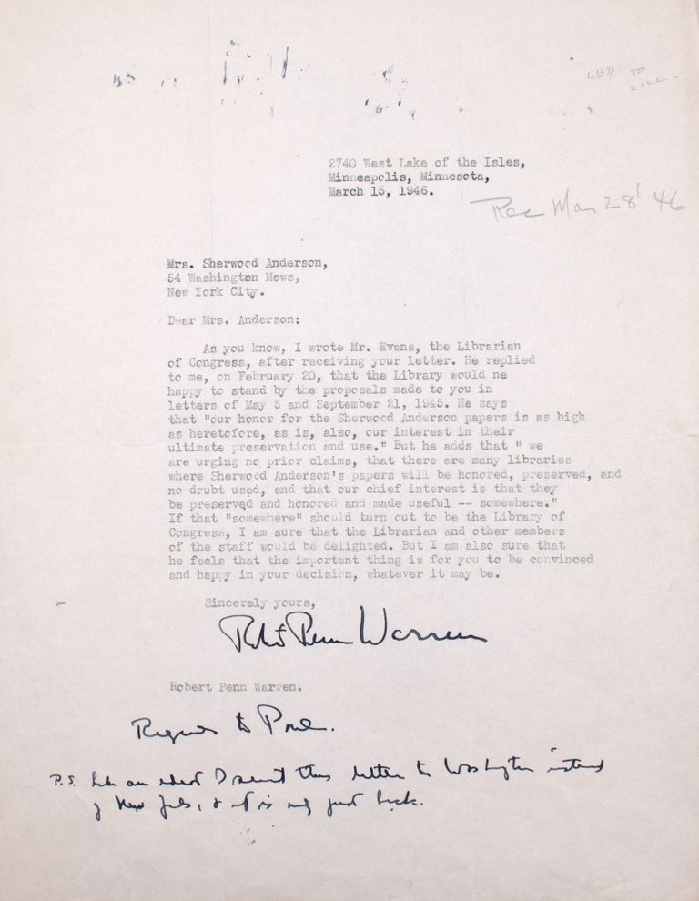 Item #326752 Typed Letter Signed to Mrs. Sherwood Anderson. Sherwood Anderson, Robert Penn Warren.