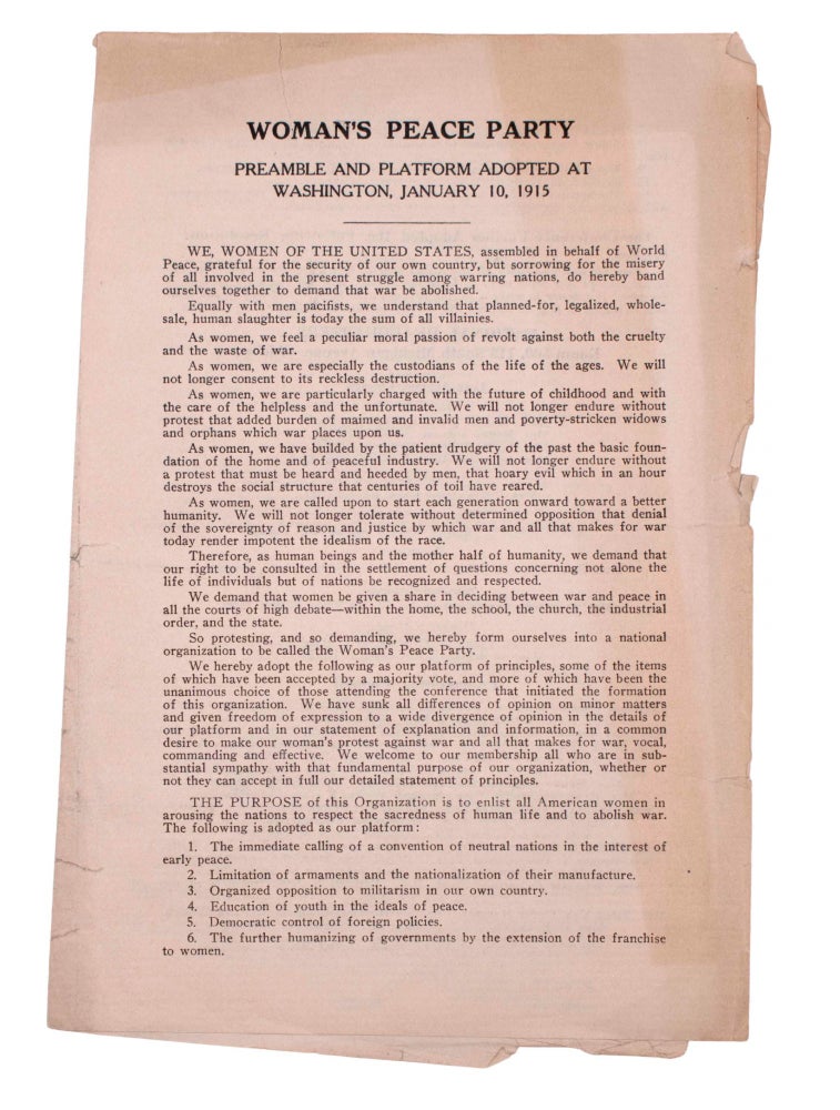 Item #326806 Woman's Peace Party. Preamble and Platform Adopted at Washington, January 10, 1915