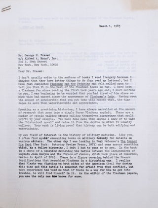 Item #326885 3 Typed Letters, signed (“George Fraser”), to Robert E. Skinner, on the Flashman...