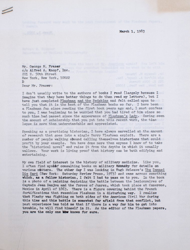 Item #326885 3 Typed Letters, signed (“George Fraser”), to Robert E. Skinner, on the Flashman novels, weapons, and accents. George MacDonald Fraser.