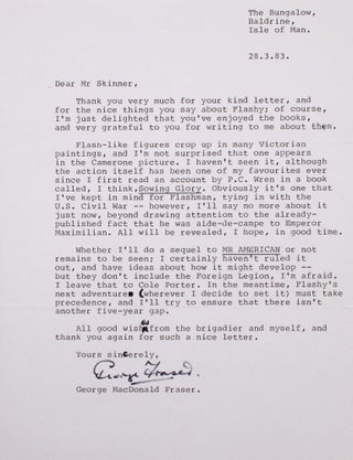 3 Typed Letters, signed (“George Fraser”), to Robert E. Skinner, on the Flashman novels, weapons, and accents