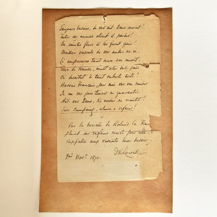 Item #327230 Manuscript in French. 11 lines " Par la bouche de Roland la..." 3 lines and signed below. James Russell Lowell.
