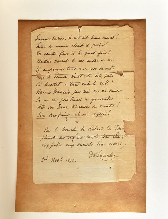 Manuscript in French. 11 lines " Par la bouche de Roland la..." 3 lines and signed below (2/2)