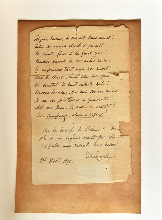 Manuscript in French. 11 lines " Par la bouche de Roland la..." 3 lines and signed below (2/2)