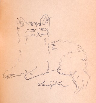 Item #329405 Pen drawing of a cat, signed by Foujita, on the front free endpaper of a first...