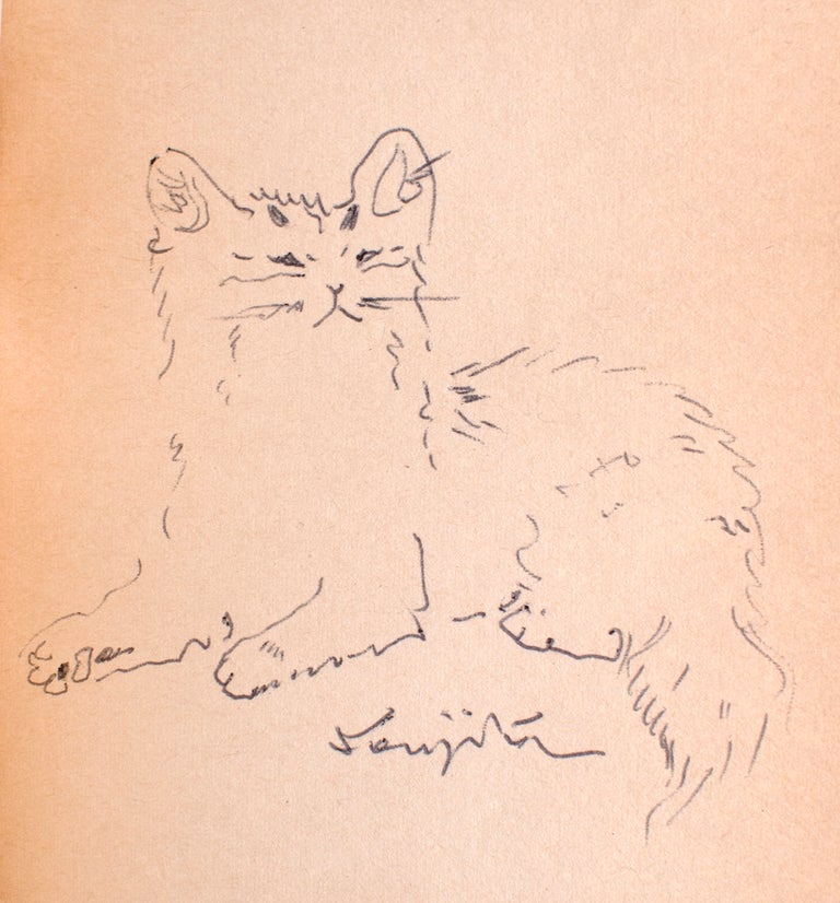 Pen drawing of a cat, signed by Foujita, on the front free endpaper of a first edition of Bertrand Poirot-Delpech's Le Grand Dadais