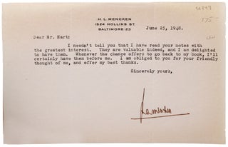Item #329627 Typed Letter Signed by H. L. Mencken. H. L. Mencken