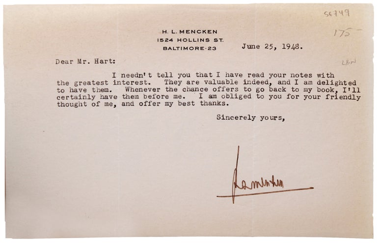 Item #329627 Typed Letter Signed by H. L. Mencken. H. L. Mencken.