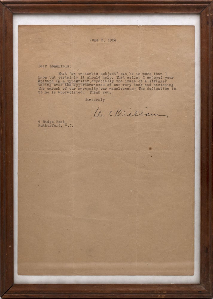 Item #329702 Typed letter, signed WC Williams, to poet Walter Lowenfels. William Carlos Williams.