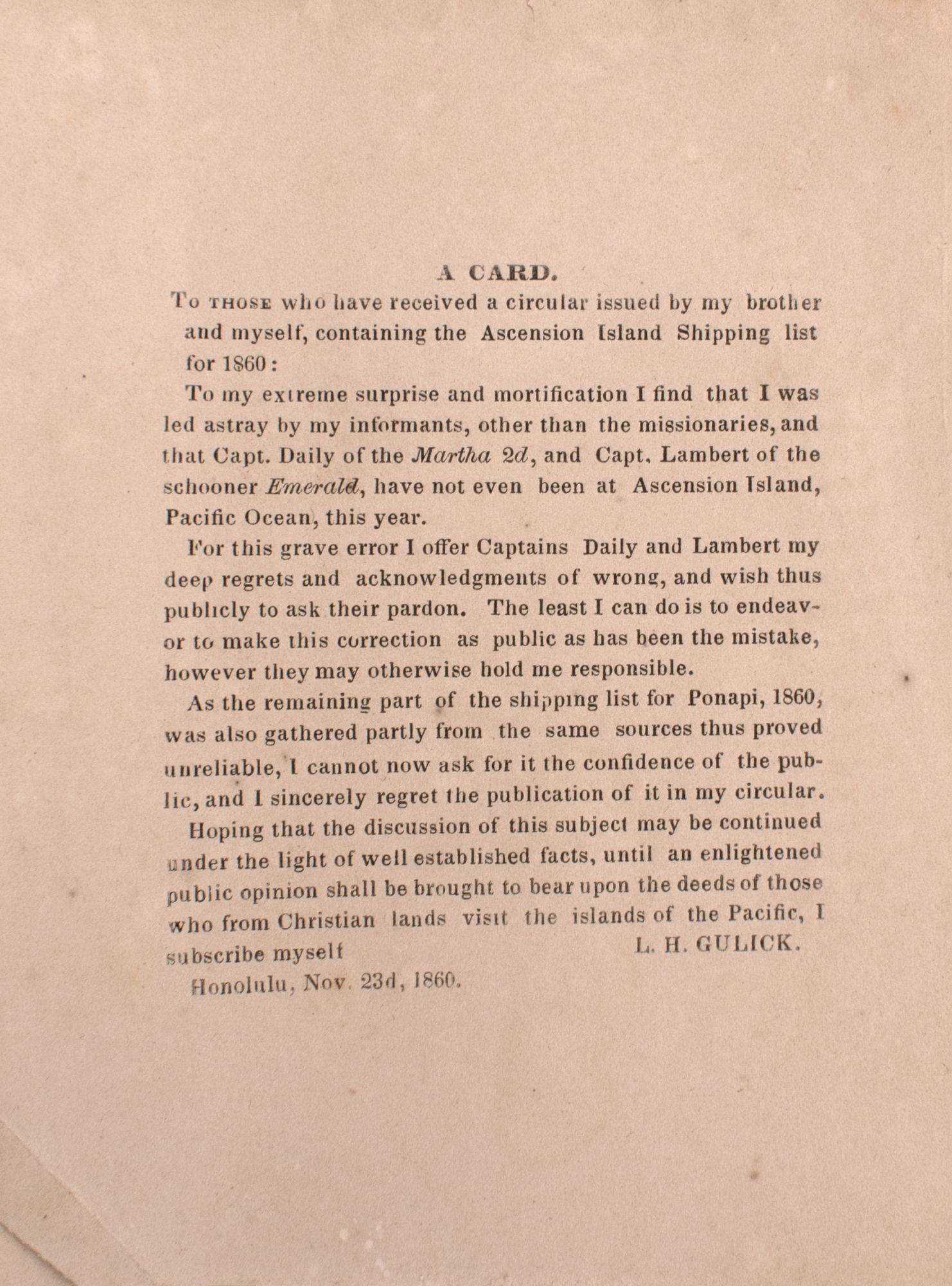 A Card. To those who have received a circular issued by my brother and ...