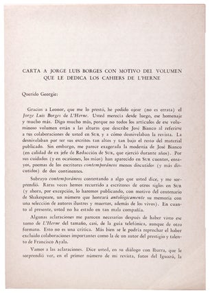 Item #332798 Carta a Jorge Luis Borges con motive dei volumen que le dedica los Cahiers de...