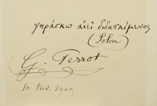 Item #33308 Card signed "G. Perrot" with a quote in Greek from Solon. Georges Perrot