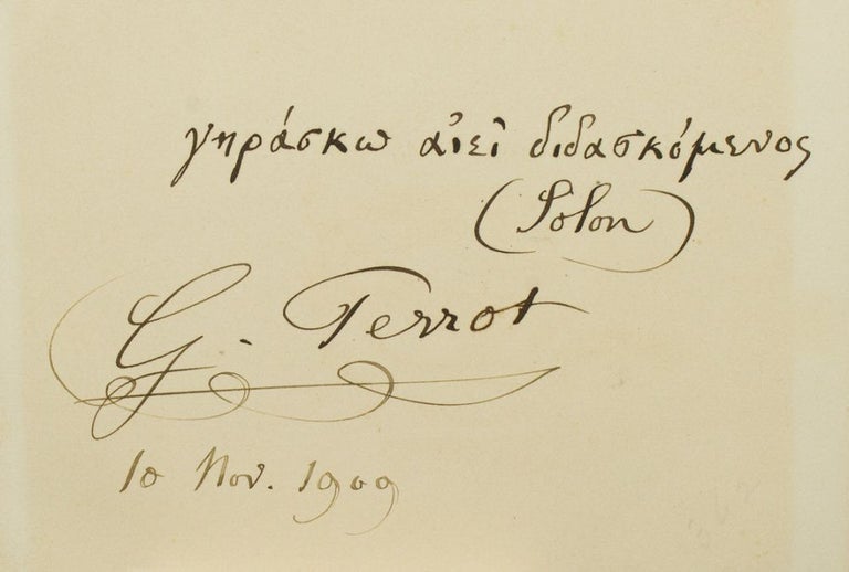 Item #33308 Card signed "G. Perrot" with a quote in Greek from Solon. Georges Perrot.