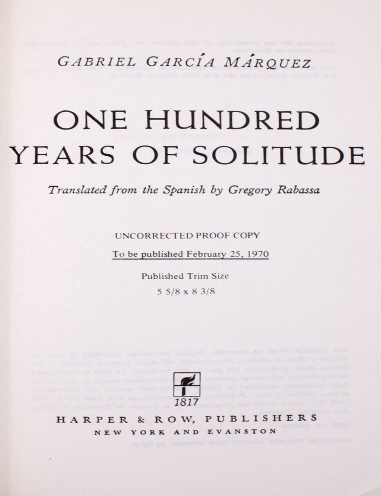 One Hundred Years of Solitude. Translated from the Spanish by Gregory Rabassa