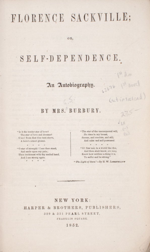 Florence Sackville; or, Self-Dependence. An Autobiography by Mrs. Burbury