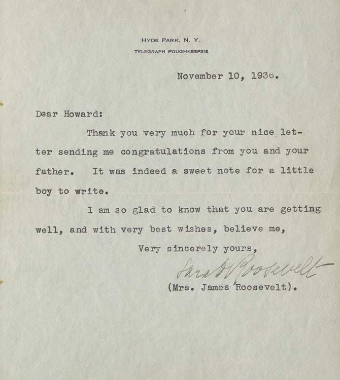 Item #33676 Typed Note Signed ("Sara Roosevelt"), on Hyde Park letterhead, from FDR's mother to "Howard" Sara Roosevelt.