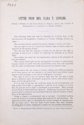 Item #338133 LETTER FROM MRS. CLARA T. LEONARD: Formerly Member of the State Board of Health,...