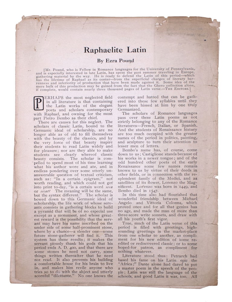 Collection of Pound publications including Raphaelite Latin, two spiral notebooks with notes towards a bibliography, and a reproduction of an autograph fair copy manuscript of "And Thus in Nineveh"