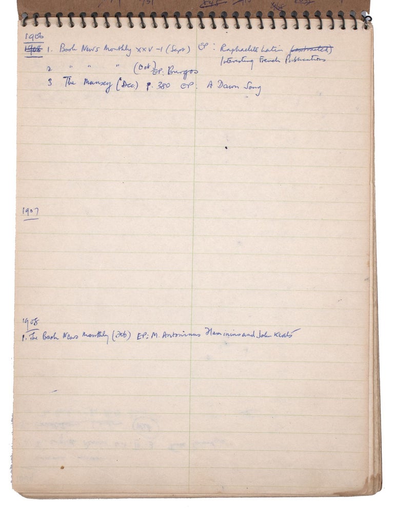Collection of Pound publications including Raphaelite Latin, two spiral notebooks with notes towards a bibliography, and a reproduction of an autograph fair copy manuscript of "And Thus in Nineveh"