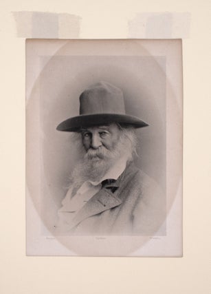Phototype portrait of Walt Whitman, bearded, in soft hat and open collar shirt and jacket