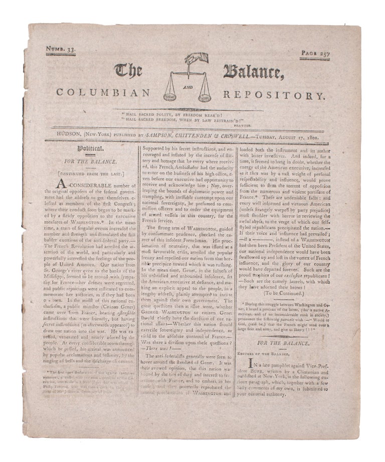 Item #338515 [Letter refuting charges that Lafayette and Washington had ordered the execution of prisoners at Yorktown, printed within:] The Balance, and Columbian Repository ... Tuesday, August 17, 1802. Alexander Hamilton.
