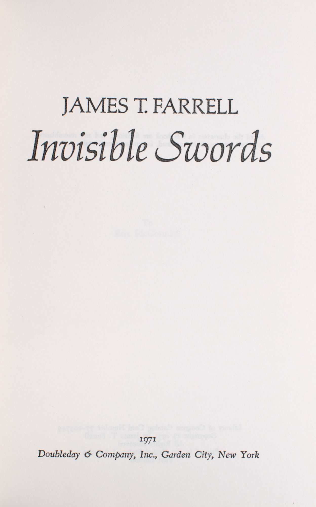 The Invisible Sword Invisible Swords - James T. Farrell - First edition