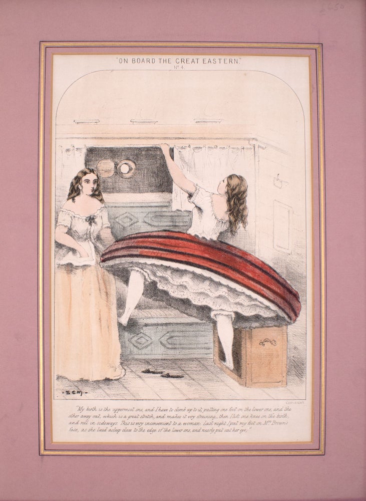 On Board the Great Eastern ... [Suite of 4 hand colored lithographs depicting the hazards of women wearing crinoline aboard ship]
