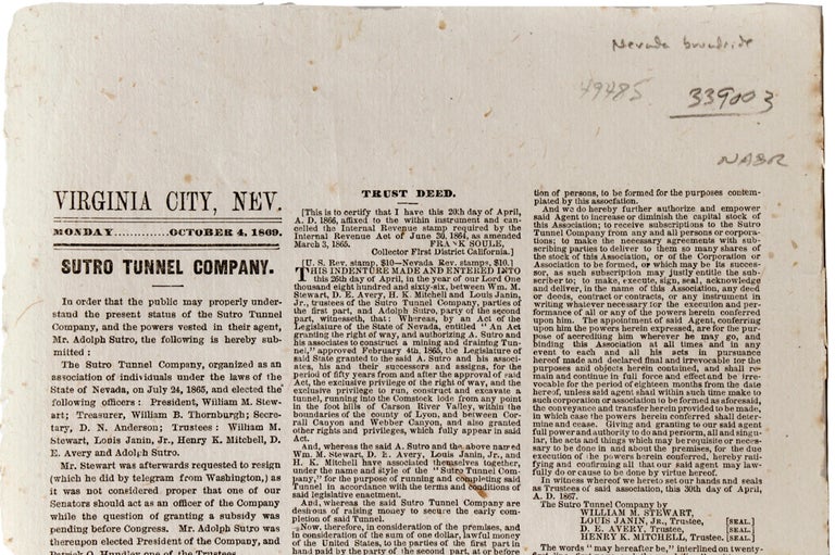 SUTRO TUNNEL COMPANY. Monday, October 4, 1869