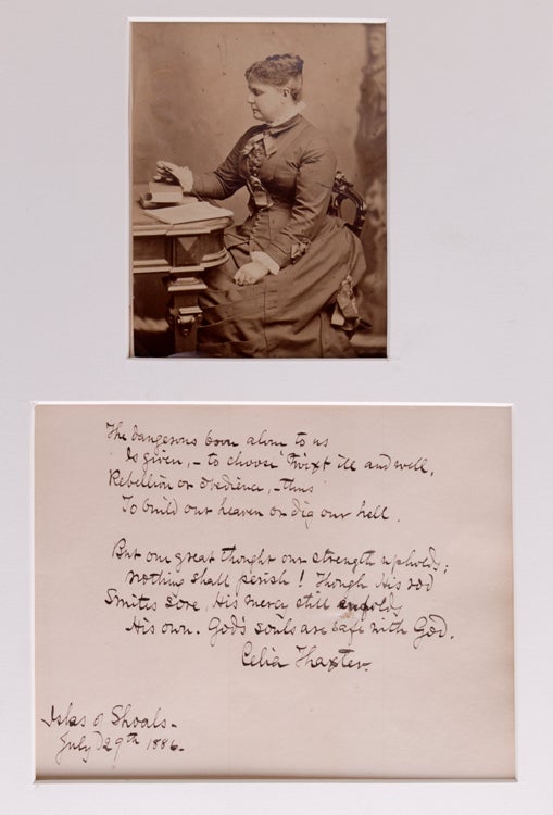 Holograph fair copy of poem, 2 quatrains. Signed Celia Thaxter Isle of Shoals July 29th 1886