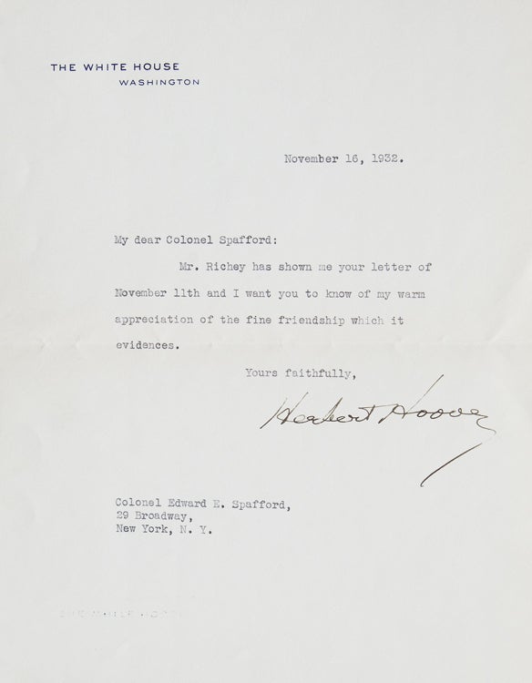 Item #3407 Typed Letter Signed, on White House Stationery, to Edward E. Spafford. Herbert Hoover.