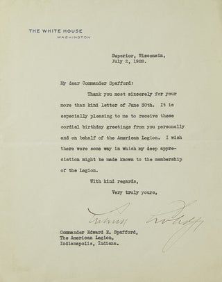 Item #3408 Typed Letter Signed, on White House Stationery, to Edward E. Spafford. Calvin Coolidge