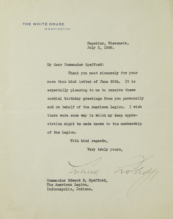 Item #3408 Typed Letter Signed, on White House Stationery, to Edward E. Spafford. Calvin Coolidge.