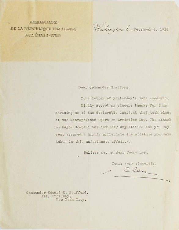Typed Letter Signed, on the Stationery of the French Embassy (Ambassade de la Republique Francaise aux Etats-Unis), to Edward E. Spafford
