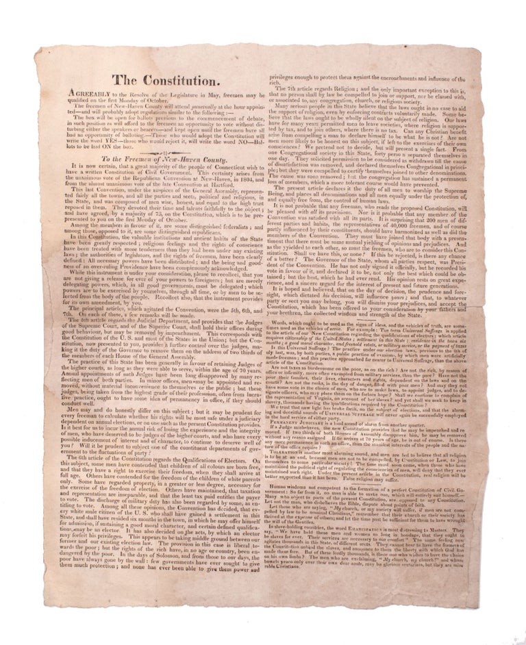 Item #345227 The Constitution. Agreeably to the Resolve the Legislature in May, freemen may be qualified on the first Monday of October ... Those who will adopt the Constitution will write the word YES – those who would reject it will write the word NO. Broadside.