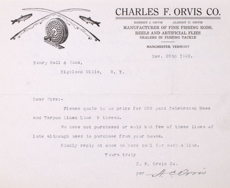 Autograph letter, signed (“C.F. Orvis”), 15 November 1880, to Henry Hall & Sons, concerning an order for Fly Lines