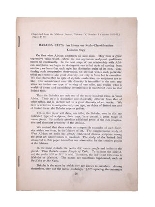 Item #345881 Bakuba Cups: An Essay on Style-Classification by Landislas Segy. Landislas Segy,...