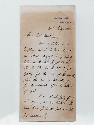 Item #345961 ALS. To Mr. J.P. Heseltine, declining invitation and about gout. James Russell Lowell