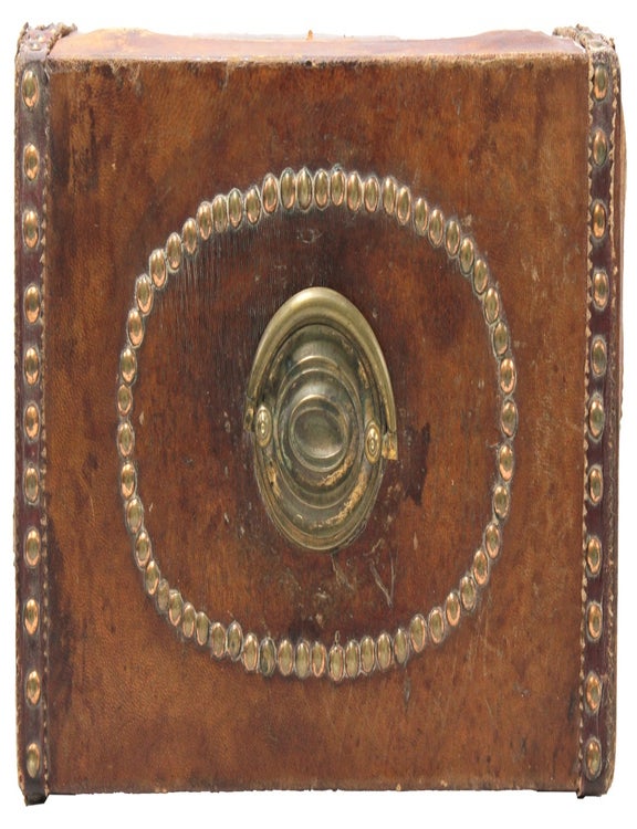 Small leather-covered wooden box with brass lock, decorated with brass tacks, the interior lined with a portion of the Map of the State of Kentucky and the Tennessee Government by Cyrus Harris, engraved by Amos Doolittle for Thomas and Andrews's Boston 1796 edition of Morse's American Geography