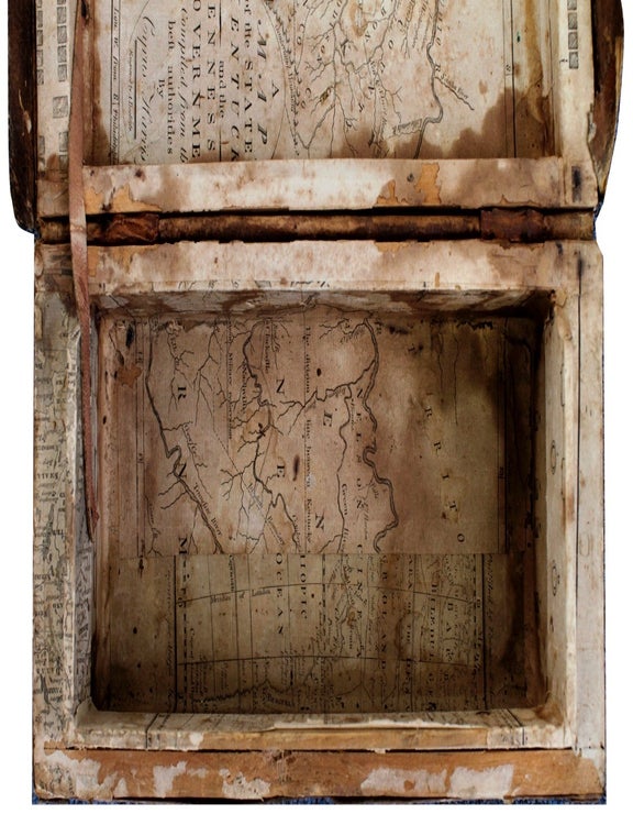 Small leather-covered wooden box with brass lock, decorated with brass tacks, the interior lined with a portion of the Map of the State of Kentucky and the Tennessee Government by Cyrus Harris, engraved by Amos Doolittle for Thomas and Andrews's Boston 1796 edition of Morse's American Geography