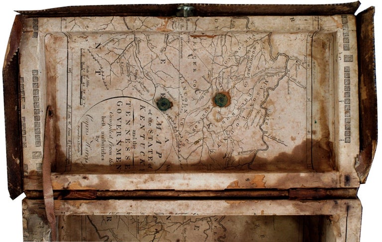 Small leather-covered wooden box with brass lock, decorated with brass tacks, the interior lined with a portion of the Map of the State of Kentucky and the Tennessee Government by Cyrus Harris, engraved by Amos Doolittle for Thomas and Andrews's Boston 1796 edition of Morse's American Geography