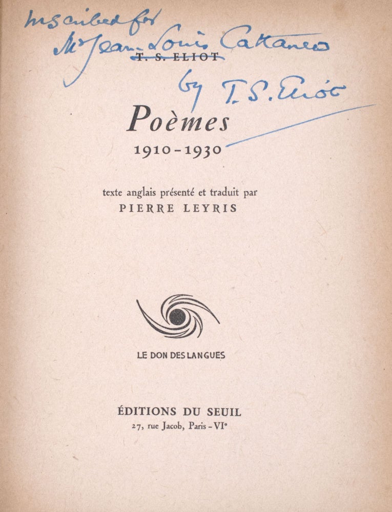 Poemes 1910-1930. Texte anglais présenté et traduit par Pierre Leyris