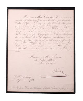 Item #346384 Letter, signed (“Nicolas”), to the Duke of Schleswig-Holstein, St. Petersburg 20...