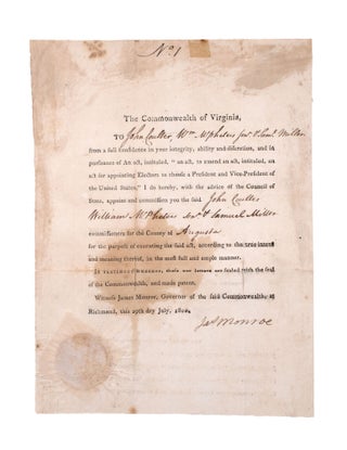 Item #346510 Partly-printed document signed by Monroe, appointing John Coulter [i.e. Coalter],...