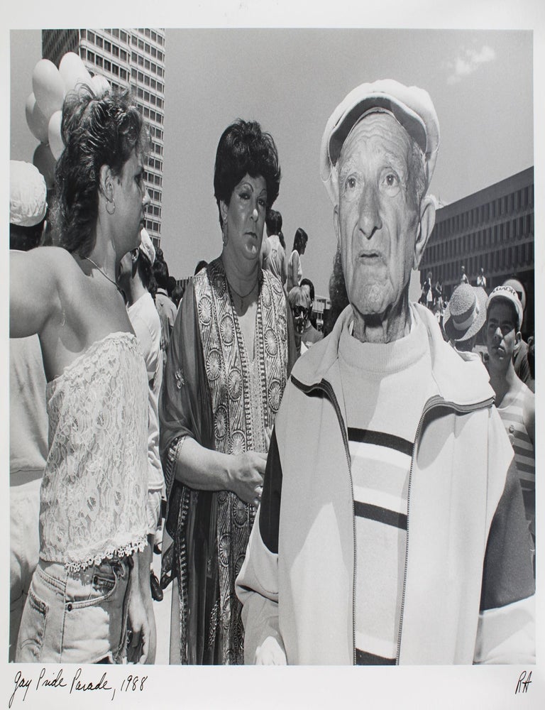 Item #346539 Gay Pride Parade, 1988 [old man with drag queen in background]. Roswell Angier.
