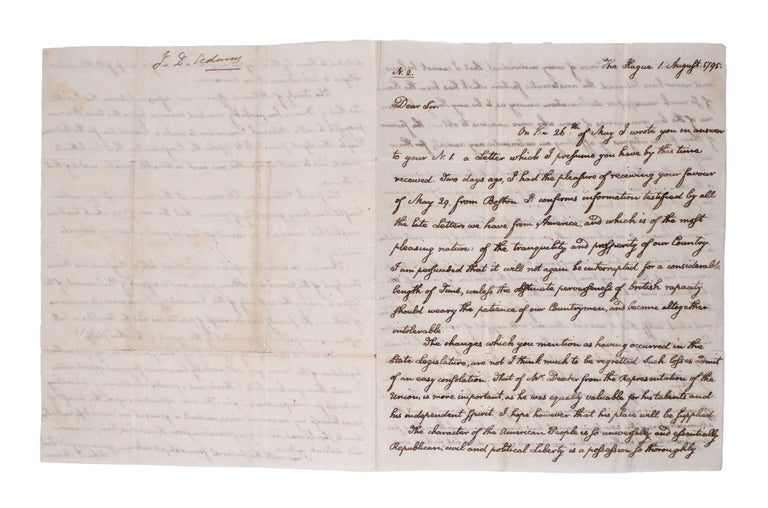 Item #346574 Important Autograph Letter Signed, to Nathaniel Freeman, on the disagreements between Federalists and Democratic Republicans, on the Batavian Revolution, the French Constitution of 1795 and the relationship with Great Britain. John Quincy Adams.