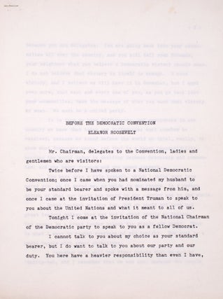 Item #346578 Typescript signed, her 1956 Democratic National Convention speech. Eleanor Roosevelt
