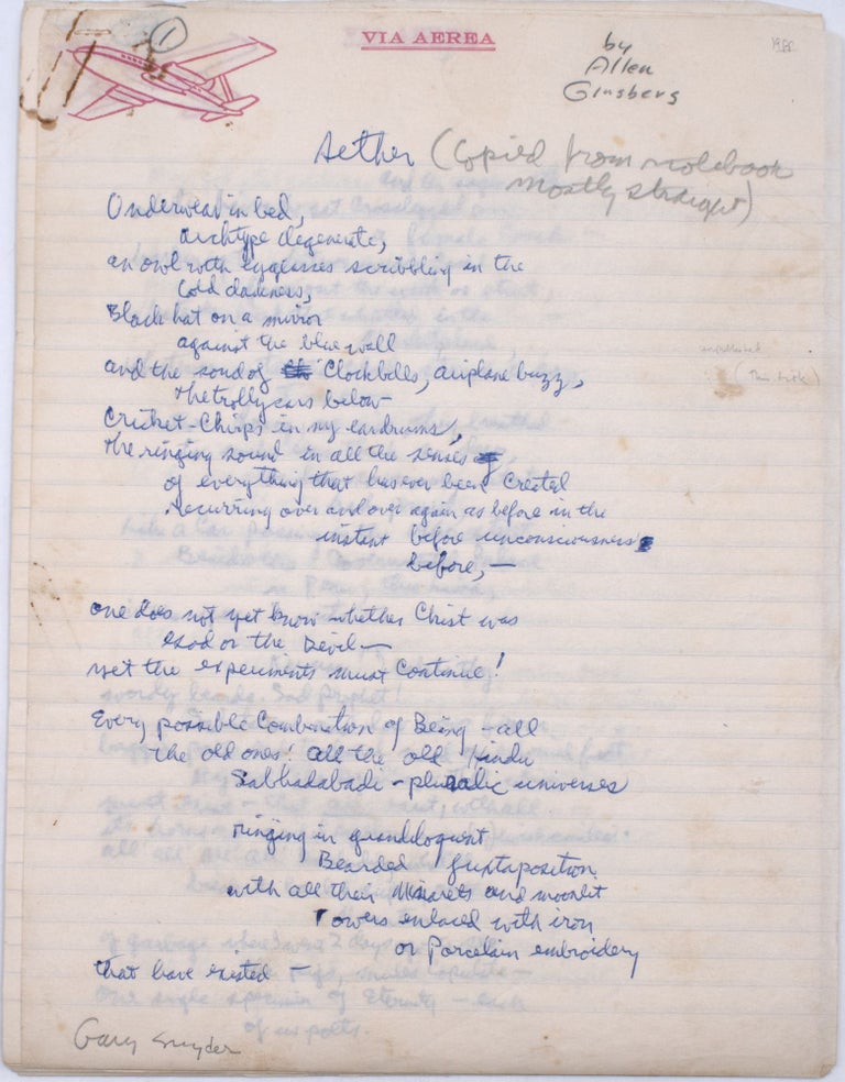 Autograph Manuscript of his poem, "Aether," with annotations by Jack Kerouac and Gary Snyder