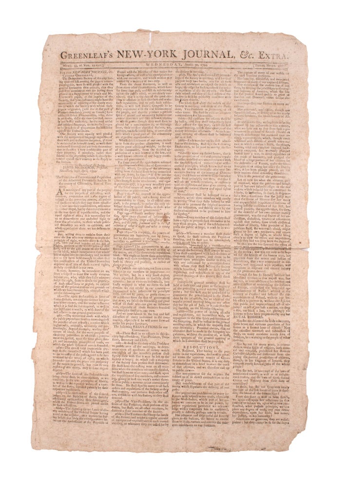 Item #346645 Greenleaf's New York Journal &c. Extra ... The Democratic Society of this city having received last evening the papers accompanying this, were so well pleased with the general sentiments they contain that they passed an unanimous vote for having them printed in a Supplement ... The Principles of Formation and Regulation of the Associated Democratic Society in the county of Chittenden, state of Vermont