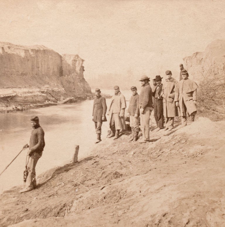 Item #346672 [Dutch Gap Canal and group of soldiers including an African American solider at the left holding a rope]. Civil War.